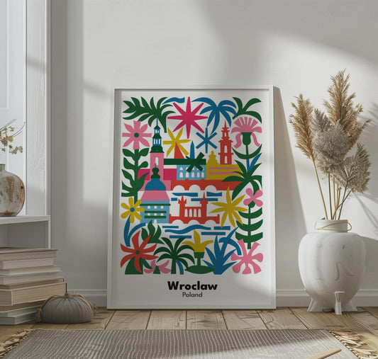 Wrocław Poland Travel Poster - Colourful Retro City Wall Art Print